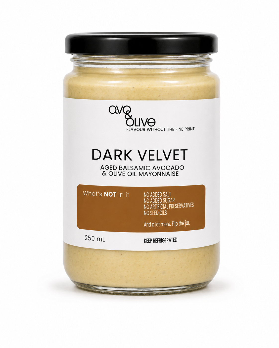 Jar of Avo & Olive Dark Velvet mayonnaise on a white background