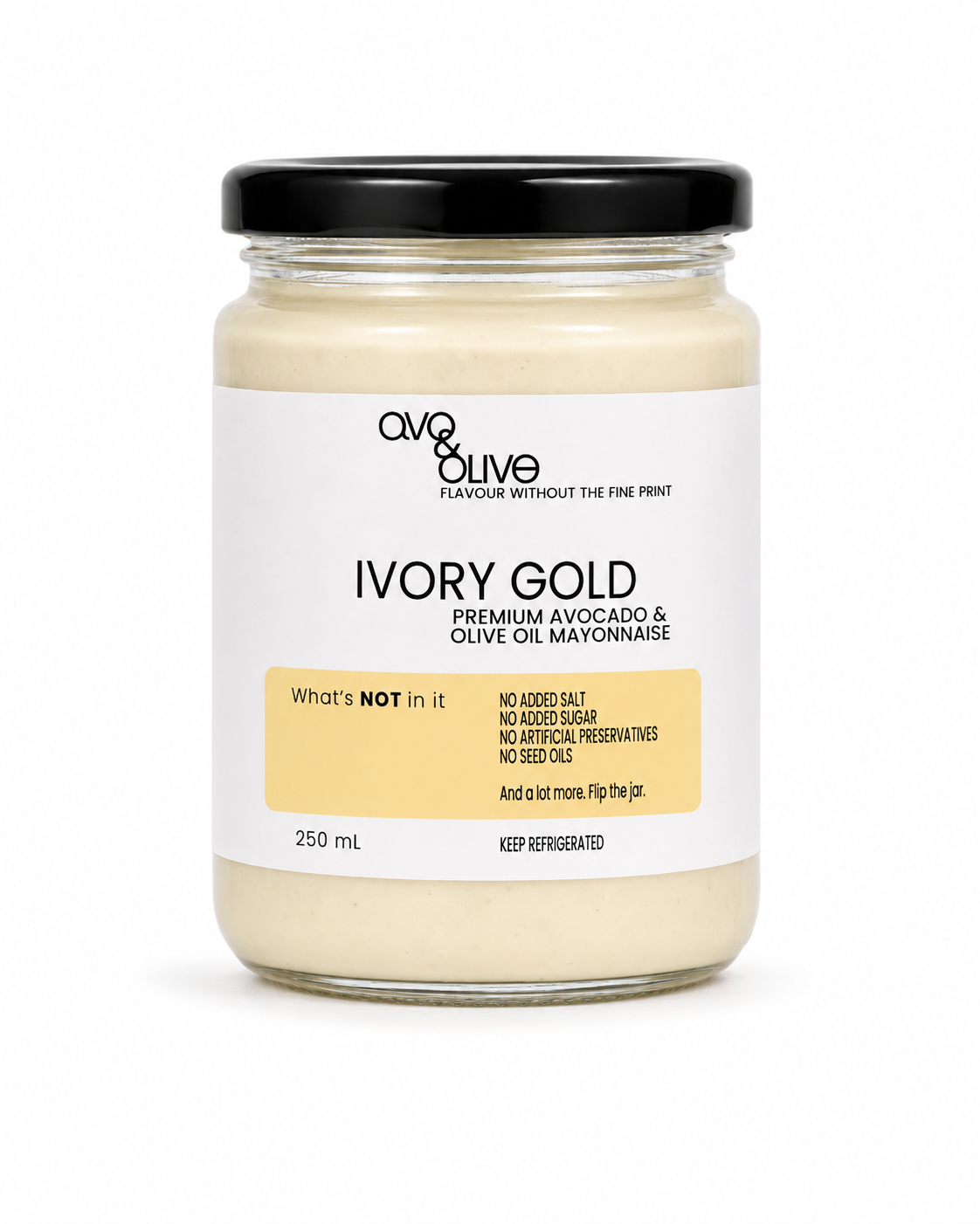 Jar of Ivory Gold mayonnaise with a black lid on a white background