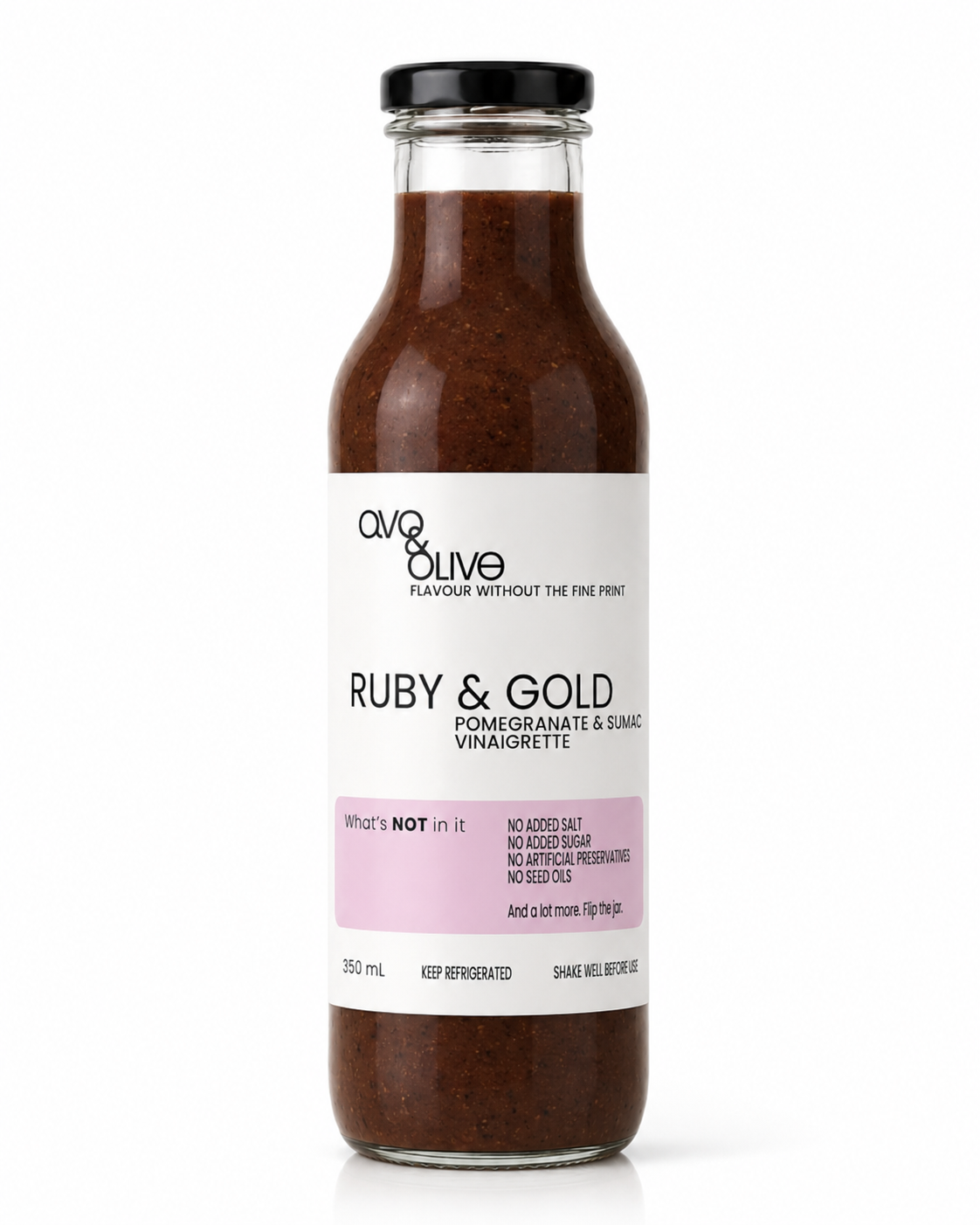 Bottle of Ruby & Gold Pomegranate & Sumac Vinaigrette on a white background