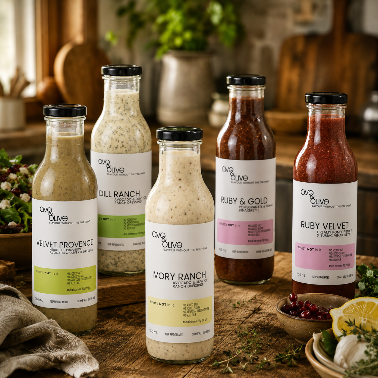 An image of Avo & Olive's dressings on a rustic kitchen table
