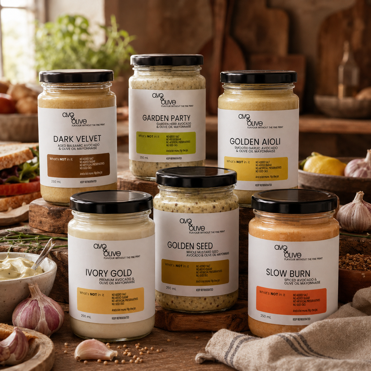 A collection of Avo & Olive Mayonnaise product jars on a rustic kitchen table