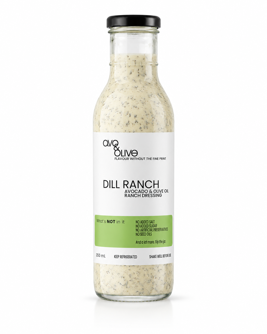 Bottle of Dill Ranch dressing with olive oil on a white background