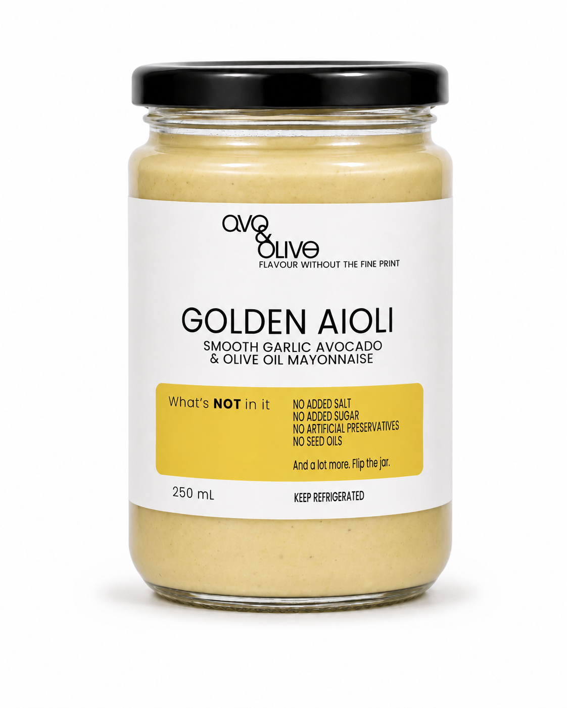 Jar of Golden Aioli with a white label on a white background