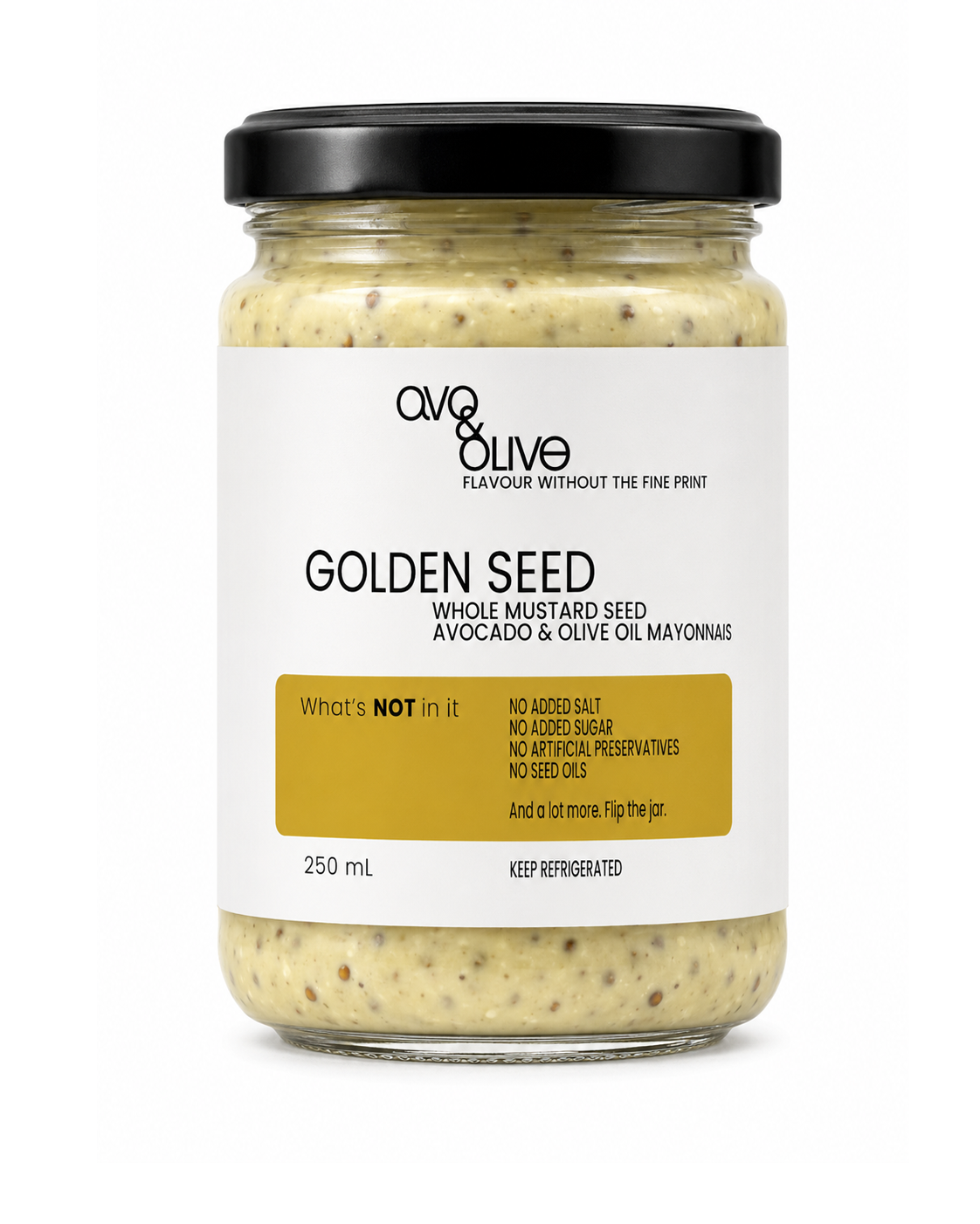 Jar of Golden Seed Whole Mustard Seed Avocado & Olive Oil Mayonnaise with AVO & Olive branding on a white background
