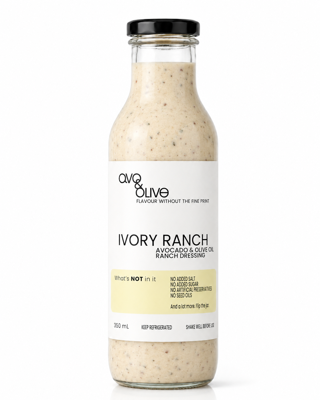 Bottle of Avo & Olive Ivory Ranch dressing on a white background