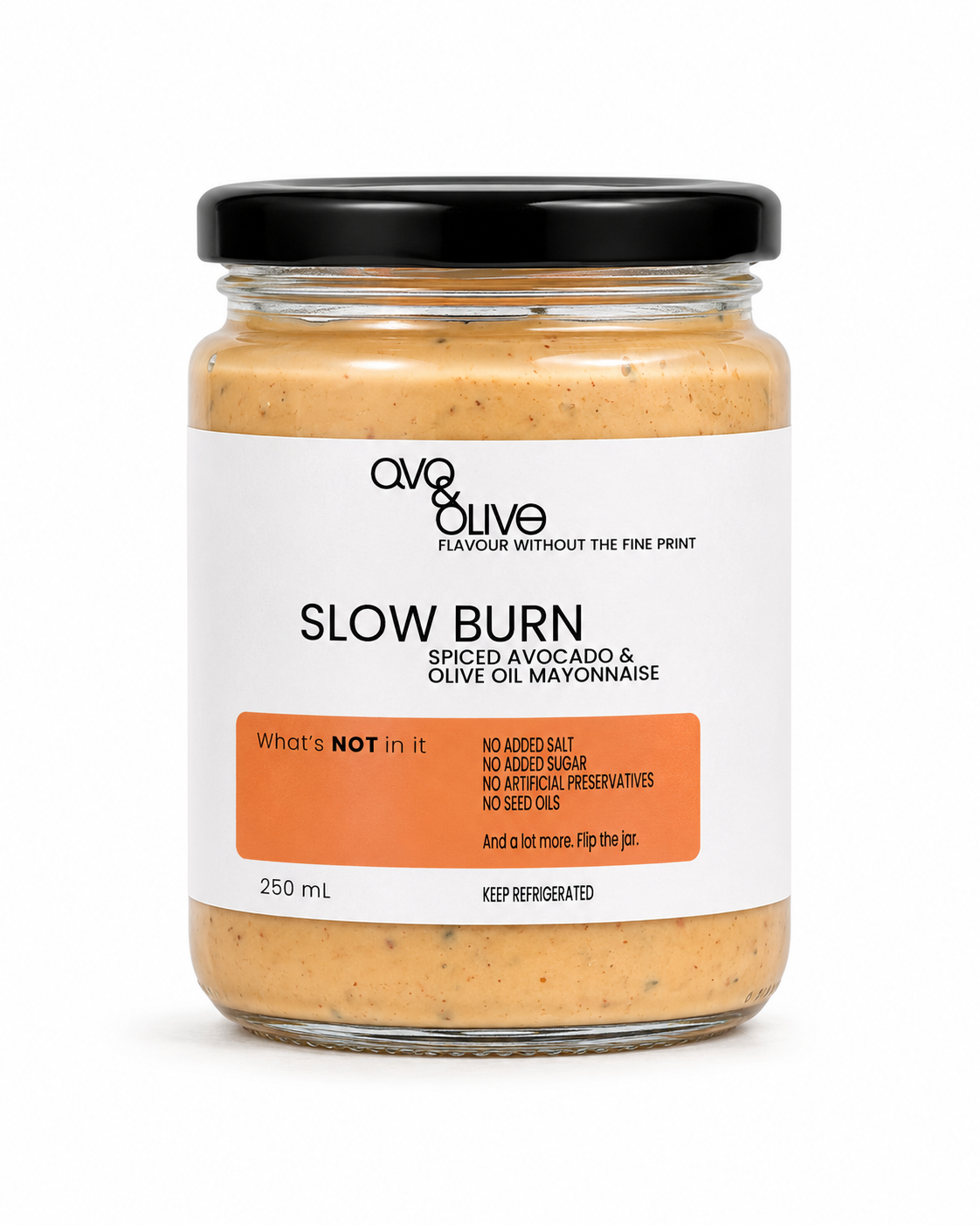 Jar of Avo & Olive Slow Burn Spiced Avocado & Olive Oil Mayonnaise on a white background