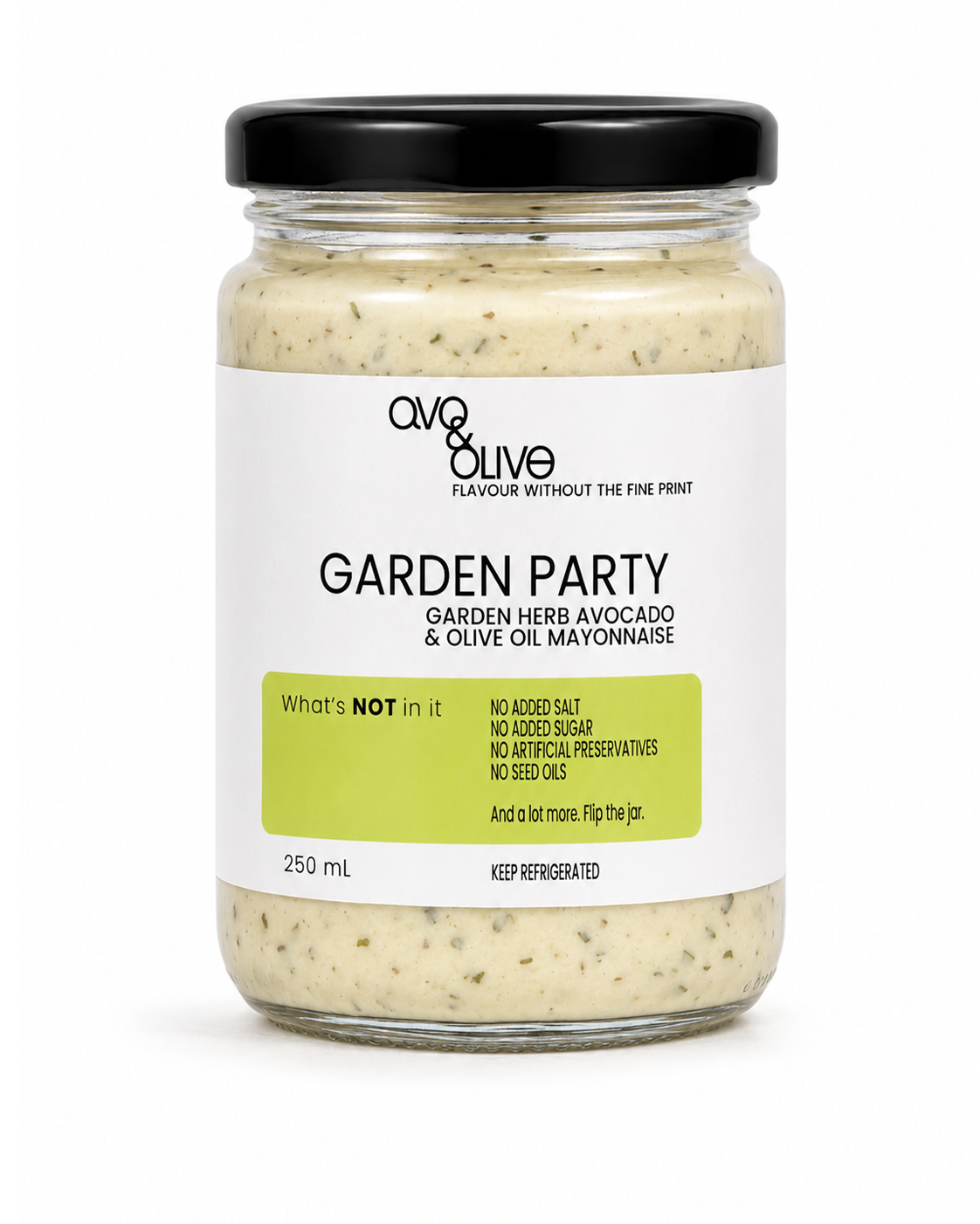 Jar of 'Garden Party' garden herb avocado and olive oil mayonnaise with a black lid on a white background.