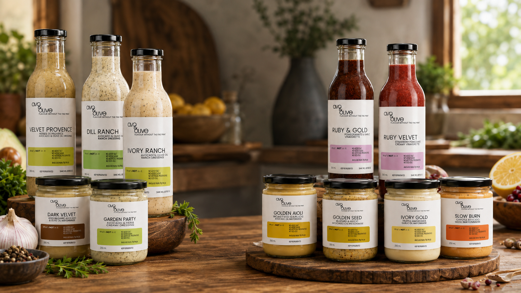 Avo & Olive small-batch dressings, vinaigrettes, and mayonnaises made with cold-pressed avocado and olive oil, displayed on a wooden kitchen surface.